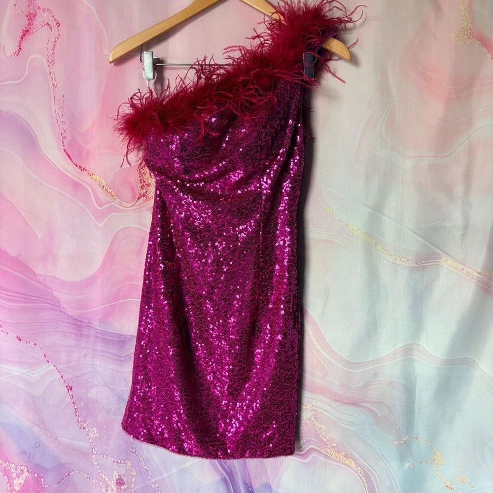 2 Magenta Sequin One Shoulder Mini Dress Feathers Coquette Glam Party Cocktail